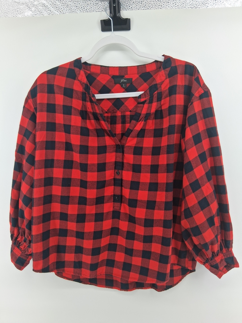 J. Crew Red and Black Buffalo Plaid Henley Blouse